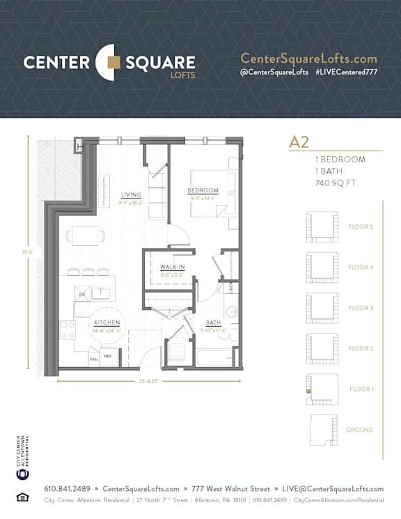 A2 Floor Plan at Center Square Lofts West, Allentown, PA, 18101
