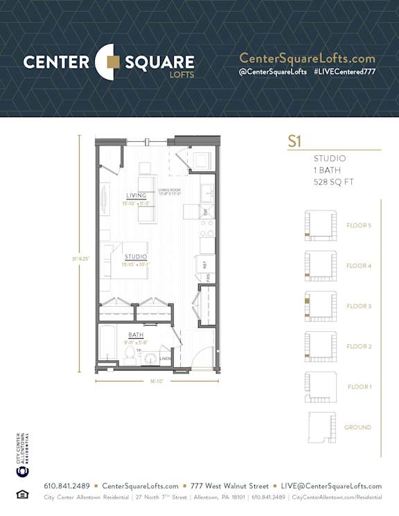 S1 Floor Plan at Center Square Lofts West, Allentown, PA, 18101