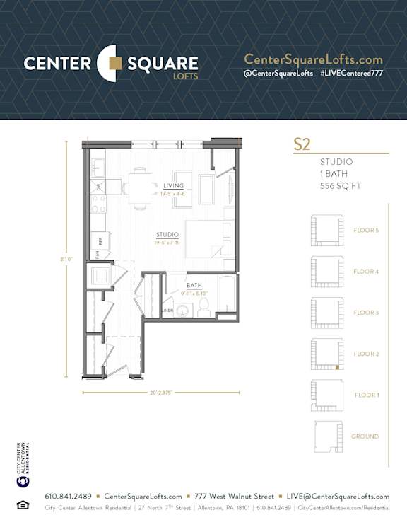 S2 Floor Plan at Center Square Lofts West, Allentown, 18101