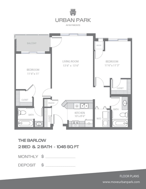 The Barlow 2 bedroom 2 bath floor plan 1045 square feet at Urban Park I and II Apartments, St Louis Park, Minnesota