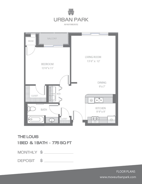 Floor Plan  1 bed 1 bath floor plan B at Urban Park I and II Apartments, St Louis Park, MN