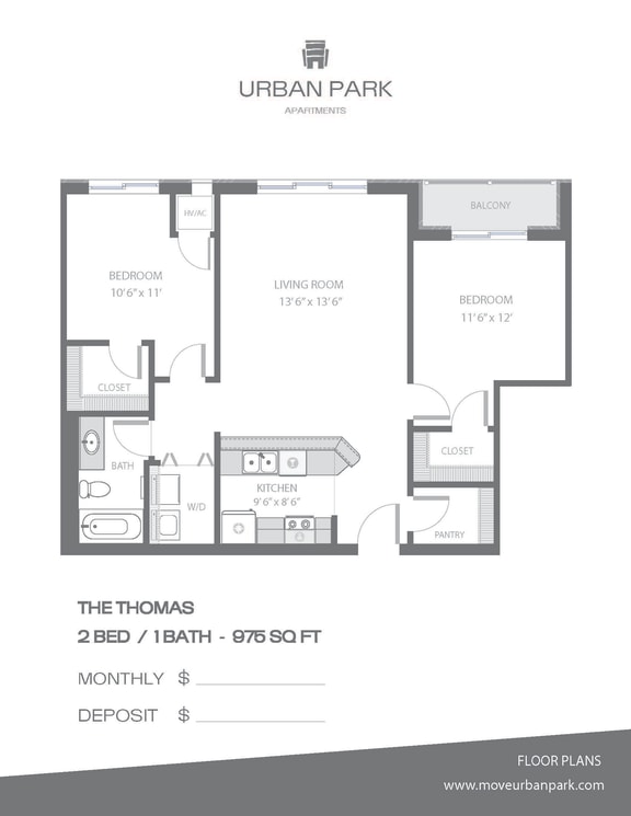 Floor Plan  The Thomas 2 bedroom 1 bath floor plan 975 square feet at Urban Park I and II Apartments, St Louis Park, 55426