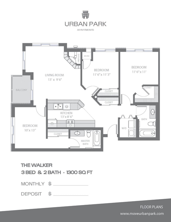 Floor Plan  The Walker 3 bedroom 2 bath floor plan 1300 square feet at Urban Park I and II Apartments, St Louis Park