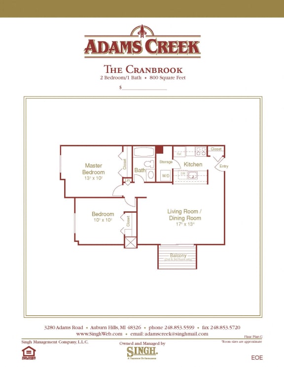 Cranbrook 2  Bed   1  Bath   780 Sq. Ft. at Adams Creek, Michigan, 48326