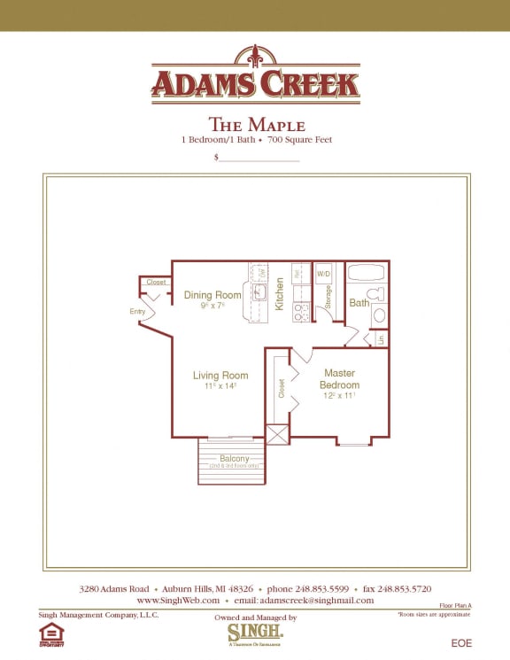 Maple 1  Bed   1  Bath   664 Sq. Ft. at Adams Creek, Michigan
