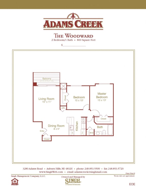 Woodward 2  Bed   1  Bath   780 Sq. Ft. at Adams Creek, Auburn Hills, MI, 48326