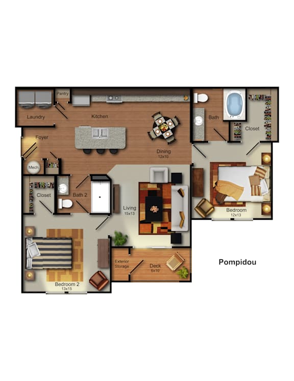 Pompidou 2 bed 2 bath apartment floor plan at Residences at Prairiefire in Overland Park, KS with open kitchen, dining area, spacious living room, private deck, and walk-in closets. at Residences at P