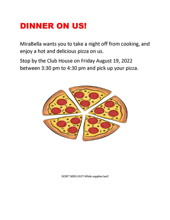 Pizza dinner on us flyer at Mirabella Apartments, CA, 92203