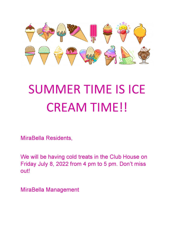 July 2022 Ice Cream Day at Mirabella Apartments, Bermuda Dunes, California