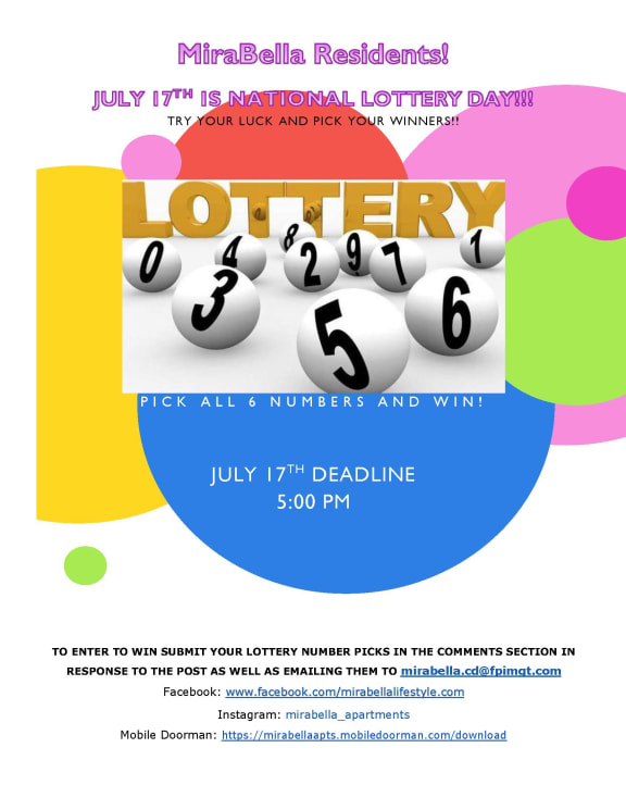 National Lottery Day Contest Banner at Mirabella Apartments, 92203, CA