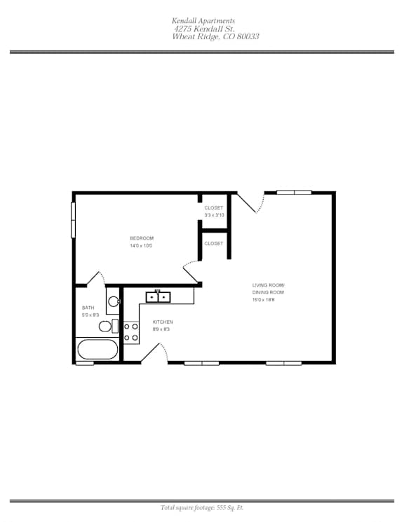 1 Bedroom Floor Plan at Kendall Street Apts, Wheat Ridge, 80033