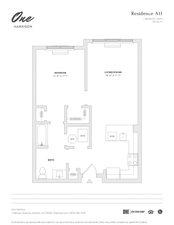 Residence A11 1 Bed 1 Bath Floor Plan at One Harrison, Harrison