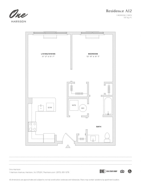 Residence A12 1 Bedroom 1 Bathroom Floor Plan at One Harrison, New Jersey