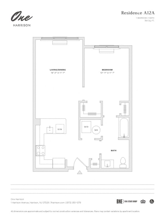 Floor Plan  Residence A12A 1 Bed 1 Bath Floor Plan at One Harrison, New Jersey, 07029