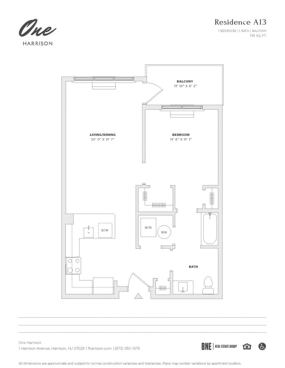 Residence A13 1 Bed 1 Bath Floor Plan at One Harrison, Harrison, NJ, 07029