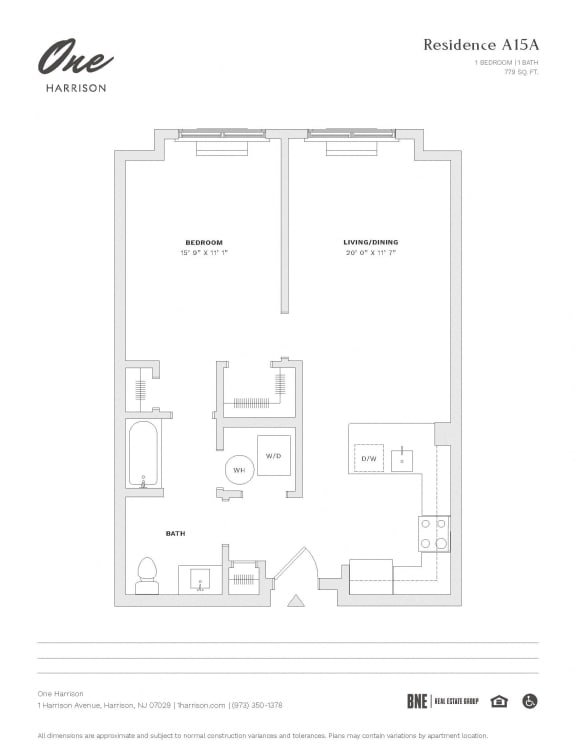 Residence A15A 1 Bedroom 1 Bath Floor Plan at One Harrison, Harrison