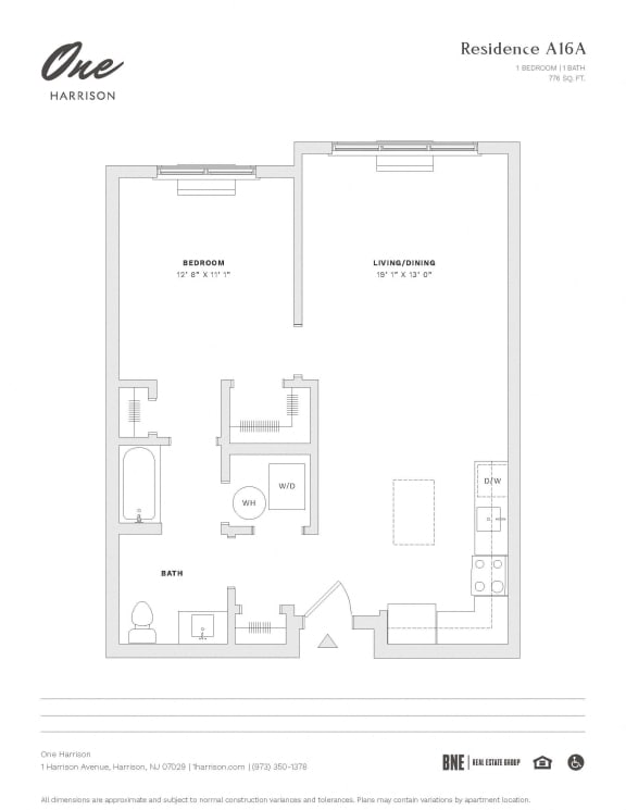 Floor Plan  Residence A16A 1 Bed 1 Bath Floor Plan at One Harrison, New Jersey, 07029