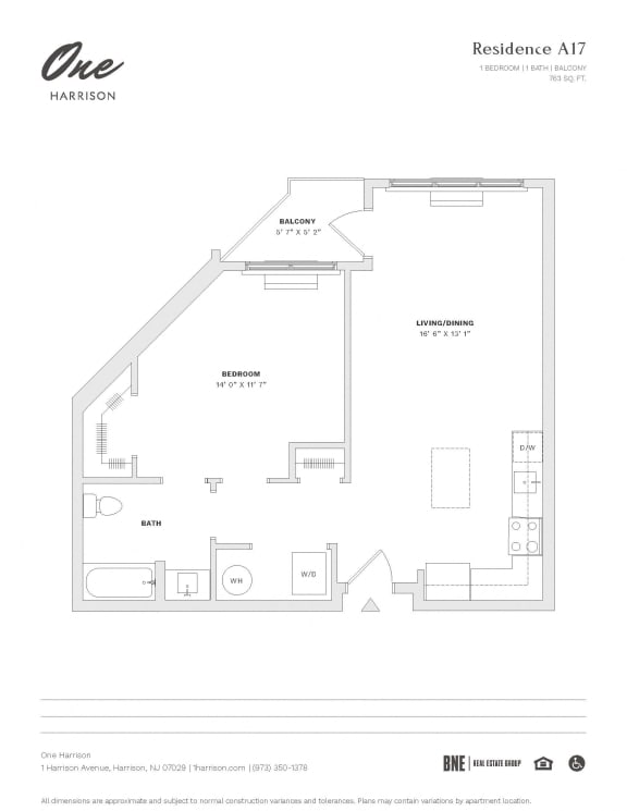 Residence A17 1 Bedroom 1 Bath Floor Plan at One Harrison, Harrison, NJ, 07029