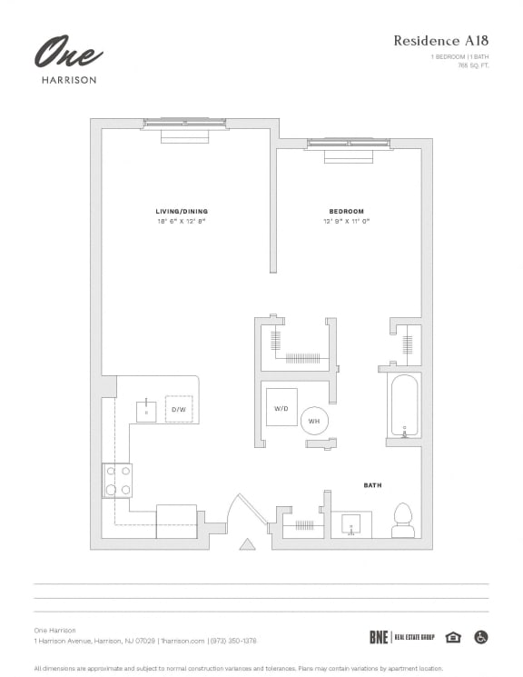 Residence A18 1 Bed 1 Bath Floor Plan at One Harrison, Harrison, 07029