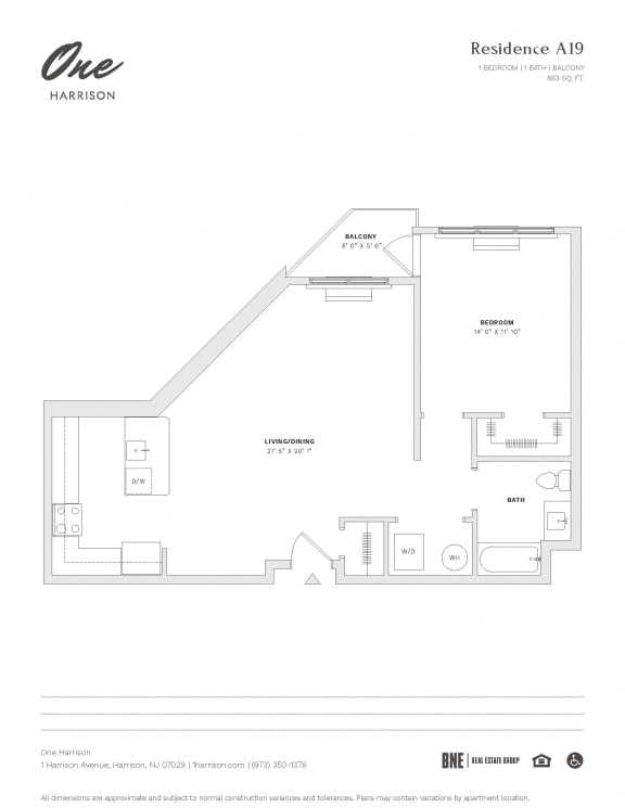 Residence A19 1 Bed 1 Bath Floor Plan at One Harrison, Harrison