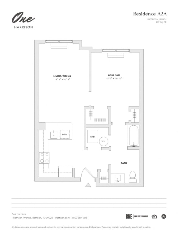 Floor Plan  Residence A2A 1 Bed 1 Bath Floor Plan at One Harrison, Harrison