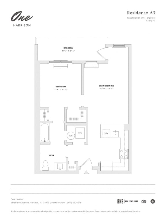 Floor Plan  Residence A3 1 Bedroom 1 Bath Floor Plan at One Harrison, New Jersey