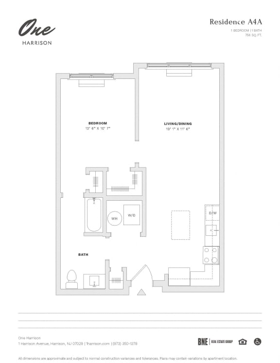 Residence A4A 1 Bed 1 Bath Floor Plan at One Harrison, Harrison, NJ, 07029