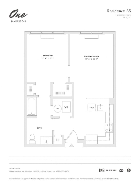Residence A5 1 Bed 1 Bath Floor Plan at One Harrison, Harrison, NJ