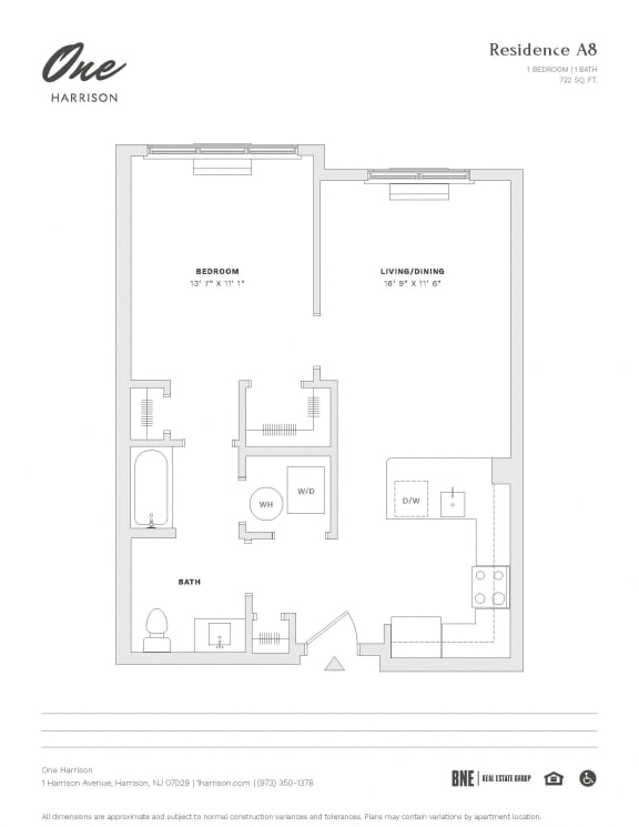 Residence A8 1 Bed 1 Bath Floor Plan at One Harrison, New Jersey, 07029