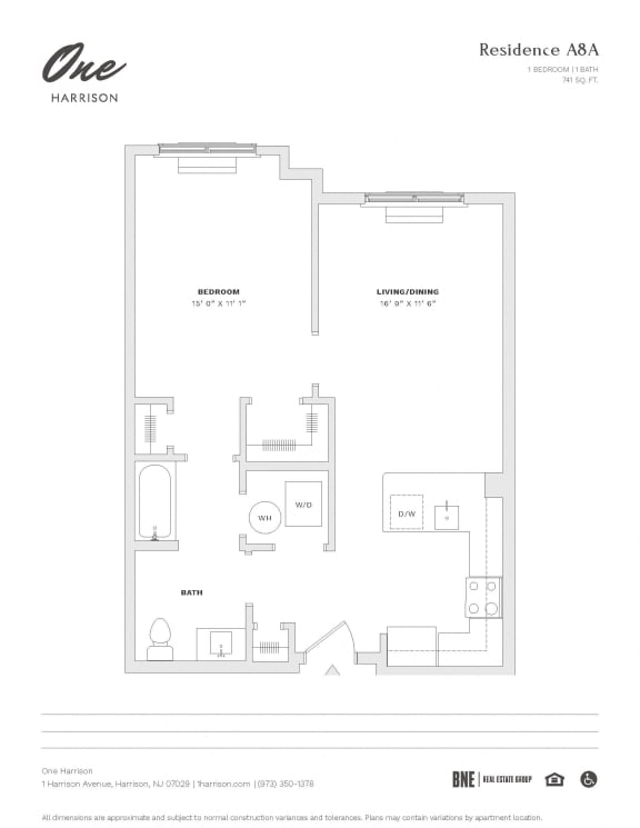 Residence A8A 1 Bedroom 1 Bathroom Floor Plan at One Harrison, Harrison, NJ, 07029