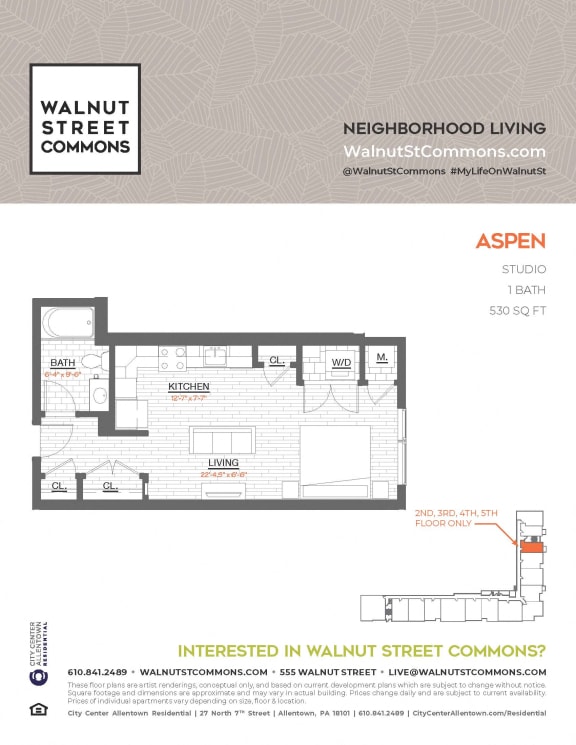 Studio 1 bath Aspen at Walnut Street Commons, Allentown, PA, 18101