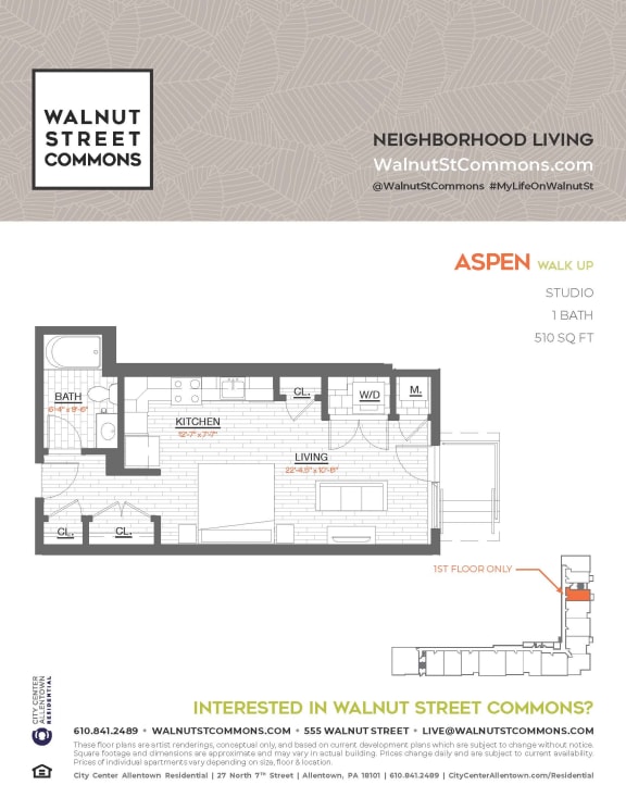 Studio 1 bath Aspen Walkup at Walnut Street Commons, Allentown, PA