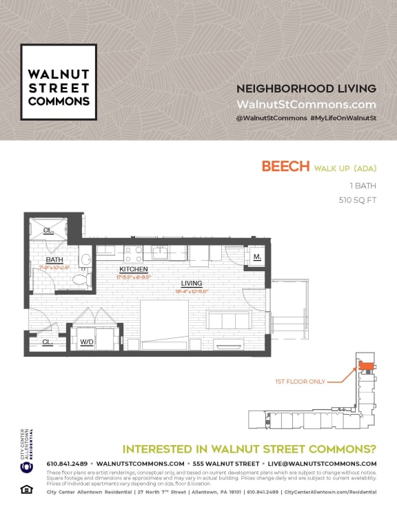 Studio 1 bath Beech Walk Up ADA at Walnut Street Commons, Allentown, Pennsylvania