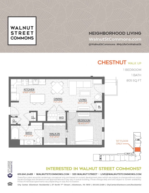 1 bed 1 bath Chestnut Walk Up at Walnut Street Commons, Pennsylvania