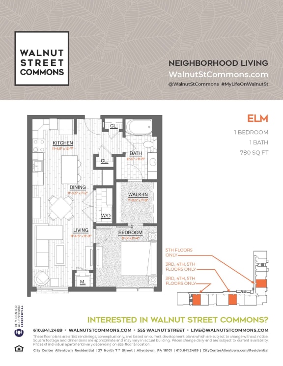 1 bed 1 bath Elm at Walnut Street Commons, Allentown, PA, 18101