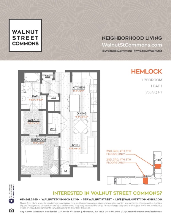 1 bed 1 bath Hemlock at Walnut Street Commons, Allentown, PA