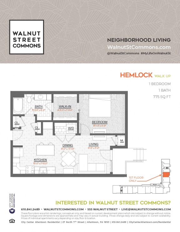 1 bed 1 bath Hemlock Walk Up at Walnut Street Commons, Allentown, 18101