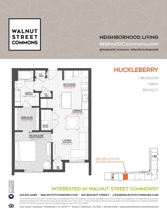 1 bed 1 bath Huckleberry at Walnut Street Commons, Allentown, Pennsylvania