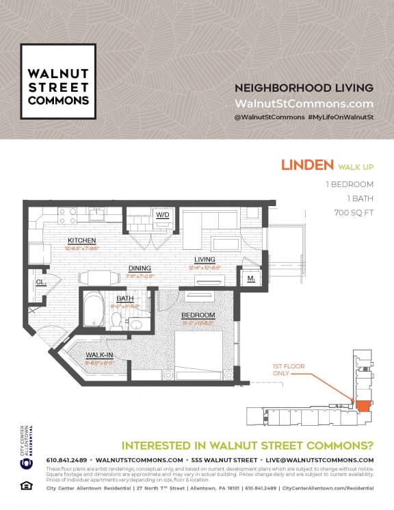 1 bed 1 bath Linden Walk Up at Walnut Street Commons, Pennsylvania