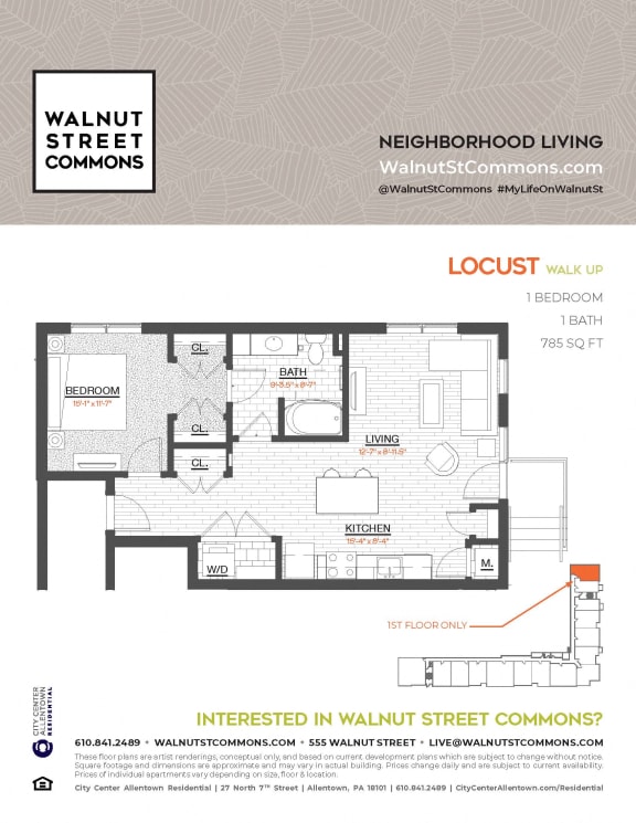 1 bed 1 bath Locust Walk Up at Walnut Street Commons, Allentown, PA, 18101