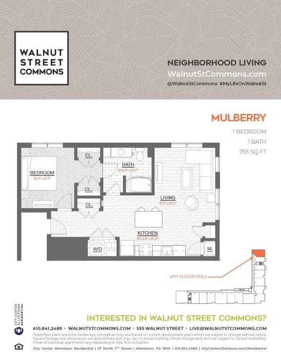 1 bed 1 bath Mulberry at Walnut Street Commons, Allentown, PA
