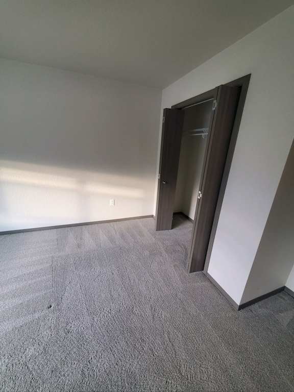 A room with a carpeted floor and a door.