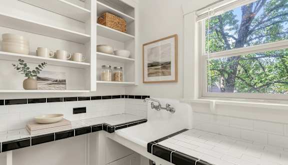 Compact kitchen at Forestry Court Apartments, Oregon, 97210