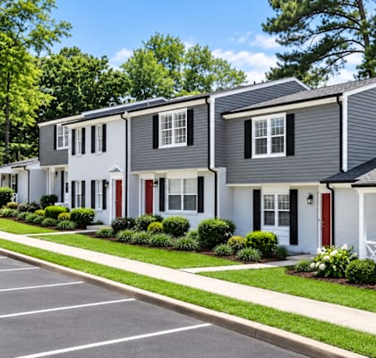 A row of houses with red doors and white trim.