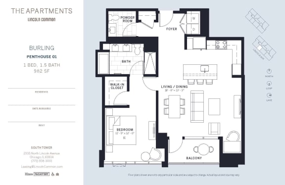 Lincoln Common Chicago Burling 1 Bedroom South Floor Plan Orientation at The Apartments at Lincoln Common, Illinois, 60614