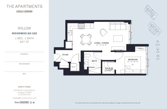 Lincoln Common Chicago Willow 1 Bedroom North Floor Plan Orientation at The Apartments at Lincoln Common, Chicago