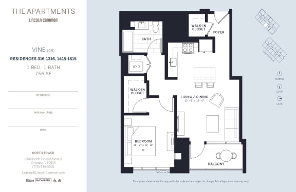 Lincoln Common Chicago VineC6 1 Bedroom North Floor Plan Orientation at The Apartments at Lincoln Common, Illinois, 60614