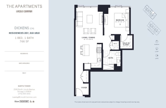 Lincoln Common Chicago Dickens C4 1 Bedroom South Floor Plan Orientation at The Apartments at Lincoln Common, Illinois