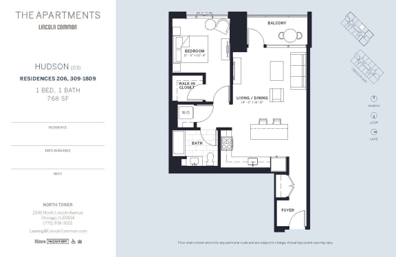 Lincoln Common Chicago Hudson C3 1 Bedroom North Floor Plan Orientation at The Apartments at Lincoln Common, Chicago, 60614