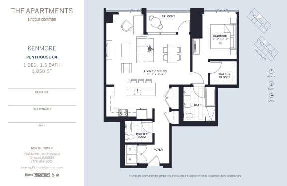 Lincoln Common Chicago Kenmore 1 Bedroom North Floor Plan Orientation at The Apartments at Lincoln Common, Illinois